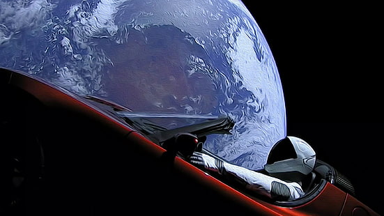 coche, arte digital, Tierra, espacio, SpaceX, Starman, Tesla Roadster, Fondo de pantalla HD HD wallpaper