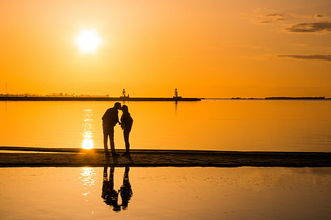 silhouette photo of couple kissing on seashore during golden hour, Sunset, kiss, silhouette, photo, couple, seashore, golden hour, Höllviken, calm, hav, himmel, kyss, love, par, people, reflection, sea, serenity, sky, tranquility, vatten, water, exif, model, canon eos, 760d, aperture, ƒ / 11, geo, country, camera, iso_speed, state, geo:location, lens, ef, s18, f/3.5, city, focal_length, mm, canon, nature, back Lit, sun, beach, men, sunrise - Dawn, dusk, outdoors, sunlight, HD wallpaper HD wallpaper