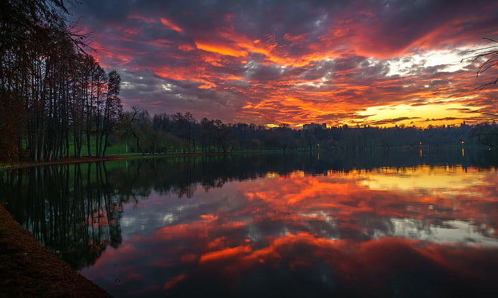 lago, paisaje, puesta de sol, reflejo, cielo anaranjado, skyscape, Fondo de pantalla HD