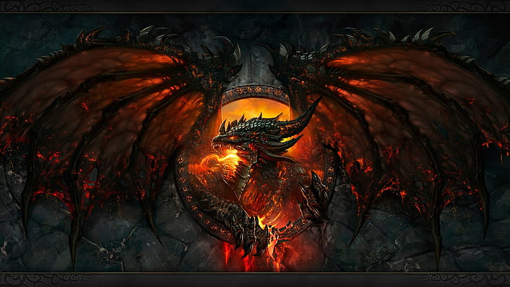 world of warcraft cataclysm video games dragon deathwing world of warcraft blizzard entertainment fire dragon wings wings claws fantasy art face teeth, HD wallpaper