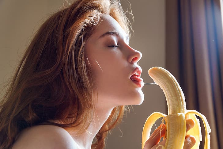 Jia Lissa, redhead, pornstar, women, closed eyes, bananas, saliva, HD wallpaper
