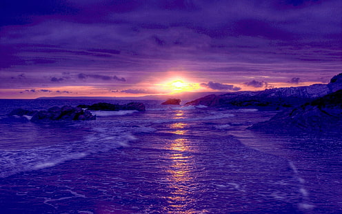 azul, oceano, roxo, mar, pôr do sol, HD papel de parede HD wallpaper