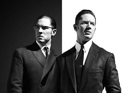 two men's black suit jackets, legend, 2015, tom hardy, edgerton theron, HD wallpaper HD wallpaper