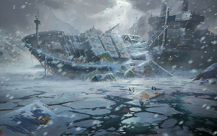 Развалина на товарен кораб в застиналото море, търговска лодка, потъваща върху лед, фантазия, 1920x1200, сняг, зима, океан, развалина, кораб, товар, HD тапет