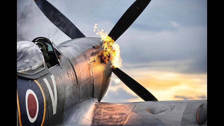 gray metal biplane, spitfire, airplane, World War II, fire, military aircraft, propeller, HD wallpaper