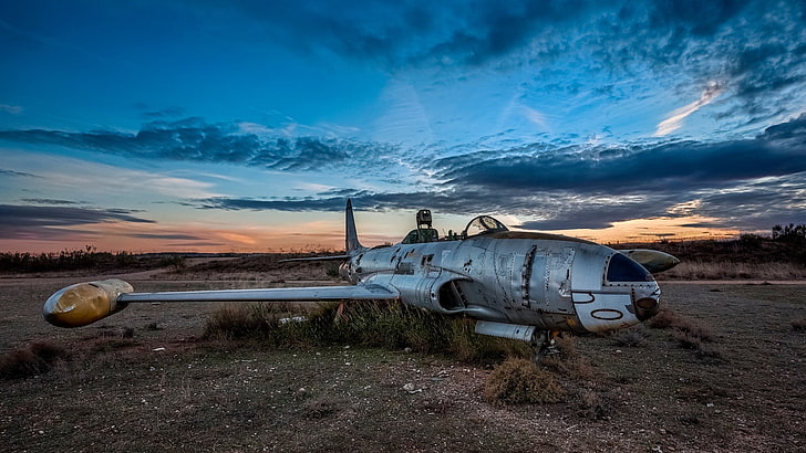 gray airplane, landscape, wreck, military aircraft, jet fighter, dusk, HD wallpaper