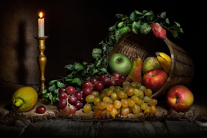 Еда, натюрморт, яблоко, свеча, фрукты, виноград, лимон, HD обои