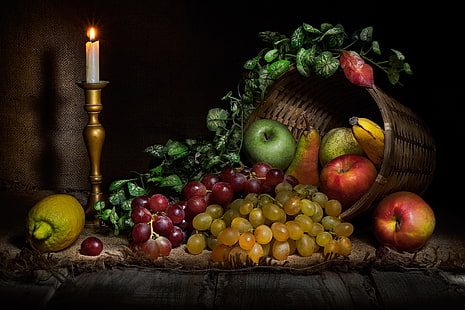 Еда, натюрморт, яблоко, свеча, фрукты, виноград, лимон, HD обои HD wallpaper