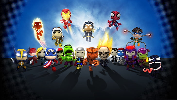 bobblhead avengers wallpaper、Marvel figure lot、humor、Marvel Comics、Wolverine、Daredevil、Mrs. Fantastic、Captain America、Hulk、Thor、Ghost Rider、The Punisher、Mystique、Magneto、Green Goblin、Venom、Dr.Octopus、Spider-Man、ストーム（キャラクター）、アイアンマン、ヒューマントーチ、サックボーイ、リトルビッグプラネット、シング、ローグ（キャラクター）、エレクトラ、 HDデスクトップの壁紙