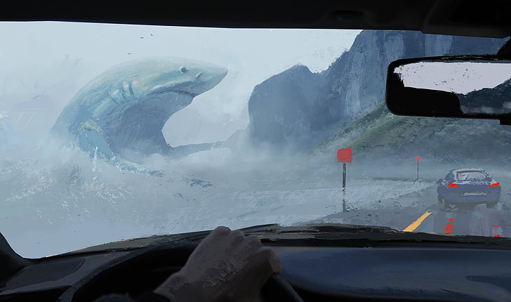 espelho retrovisor de carro preto, ilustração de tubarão cinza, trabalho artístico, pintura, tubarão, animais, carro, estrada, mar, interior do carro, megalodon, arte de fantasia, arte digital, HD papel de parede