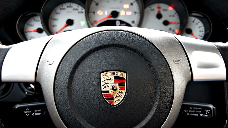 Porsche-logotyp på ratt, grå och svart porsche-ratt, bilar, 1920x1080, porsche, HD tapet