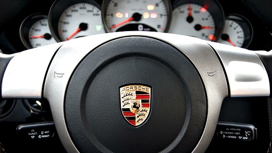 Logo Porsche pada roda kemudi, roda kemudi porsche abu-abu dan hitam, mobil, 1920x1080, porsche, Wallpaper HD HD wallpaper