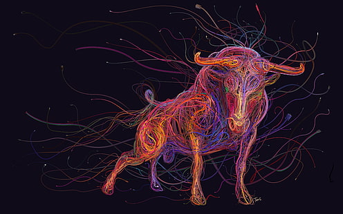 papier peint taureau multicolore, taureau, coloré, art numérique, animaux, ethernet, USB, fils, Fond d'écran HD HD wallpaper