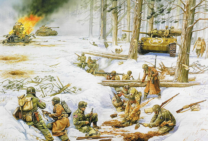 illustration of soldiers, time, art, soldiers, the battle, as, army, fighting, it, Division, the city, in the winter, WW2., allies, air, German, troops, also, Airborne, 101-I, landing, 101st, offensive, Siege, Bastogne, 1944—1945., Belgian, known, The Ardennes, the surrounding area, estonskoe, HD wallpaper