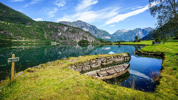Norway, Stryn, mountains, fjords, river, water, boat, Norway, Stryn, Mountains, Fjords, River, Water, Boat, HD wallpaper