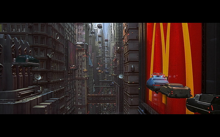 coches voladores cerca de la señalización de McDonald's, The Fifth Element, futurista, películas, Fondo de pantalla HD