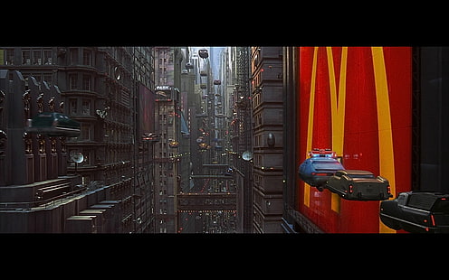 coches voladores cerca de la señalización de McDonald's, The Fifth Element, futurista, películas, Fondo de pantalla HD HD wallpaper