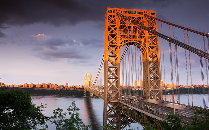 bro, solnedgång, George Washington Bridge, Hudson River, HD tapet