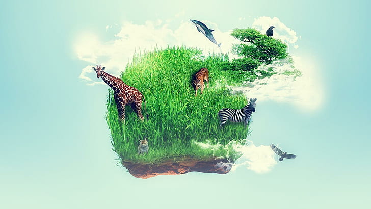 wyspa, trawa, żyrafa, zwierzę, wyobraźnia, Fotografia małej planety, wyspa, trawa, żyrafa, zwierzę, wyobraźnia, Tapety HD