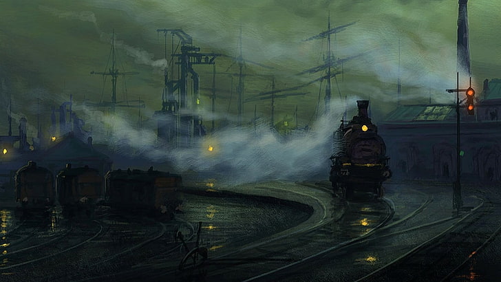 черен влак, произведения на изкуството, живопис, парен локомотив, железопътен двор, дим, HD тапет