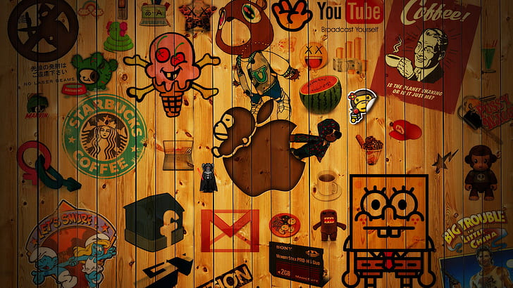 Logo’s on Wood HD, apple, facebook, gt, painting, wood, HD wallpaper