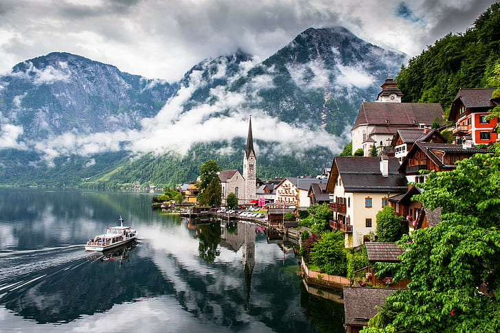 オーストリア、ハルシュタット、ザルツカンマーグート、オーストリア、ハルシュタット、ザルツカンマーグート、都市、湖、山、雲、家、教会、自然、 HDデスクトップの壁紙