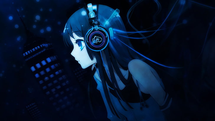 black-haired girl anime character wearing headphones clip-art, girl, blue, headphones, mio akiyama, k-on, mio, akiyama, HD wallpaper
