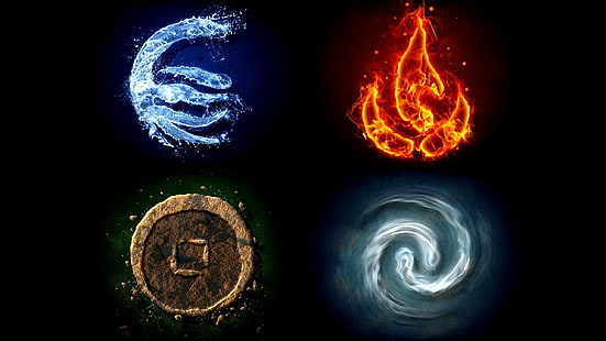 four elements, digital art, water, Earth, fire, air, artwork, black background, Avatar: The Last Airbender, HD wallpaper HD wallpaper