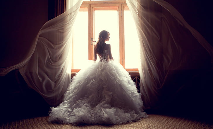 brides, wedding dress, white dress, women, window, long hair, HD wallpaper