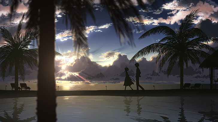 siluet gadis dan anak laki-laki berjalan dekat wallpaper pohon kelapa, anime, langit, laut, pohon-pohon palem, Wallpaper HD