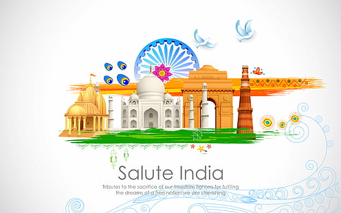 โปสเตอร์ Salute India พร้อมสถานที่สำคัญต่างๆของอินเดีย Salute India, Tribute, Freedom fighters, India Gate, Taj Mahal, Free Nation, 4K, 8K, วอลล์เปเปอร์ HD HD wallpaper
