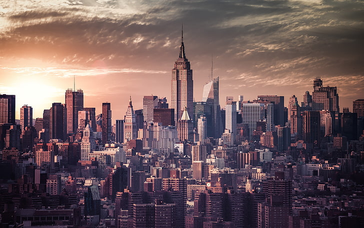 илюстрация на градска сграда, Empire State Building, Ню Йорк, фотография, град, градски, сграда, градски пейзаж, Ню Йорк, небостъргач, слънце, HD тапет