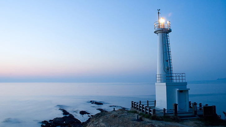 white lighthouse, landscape, nature, lighthouse, sea, HD wallpaper