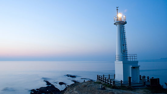 white lighthouse, landscape, nature, lighthouse, sea, HD wallpaper HD wallpaper