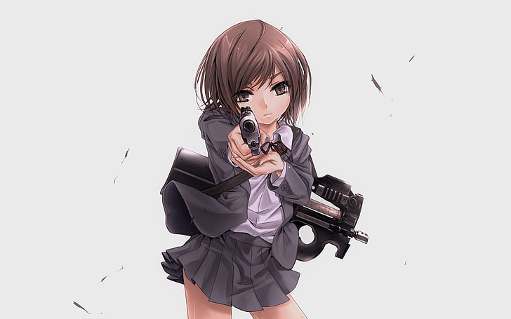 Gunslinger Girl, Henrietta, FN P90, white background, weapon, gun, skirt, machine gun, HD wallpaper