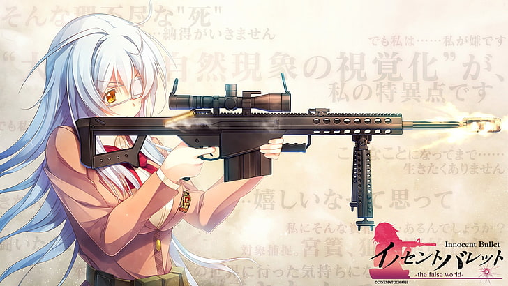 kobieta trzymająca karabin postać z anime, pistolet, kobiety, anime, dziewczyny anime, opaski na oczy, Innocent Bullet -the false world-, karabin snajperski, Barrett .50 Cal, broń, karabiny, Tapety HD