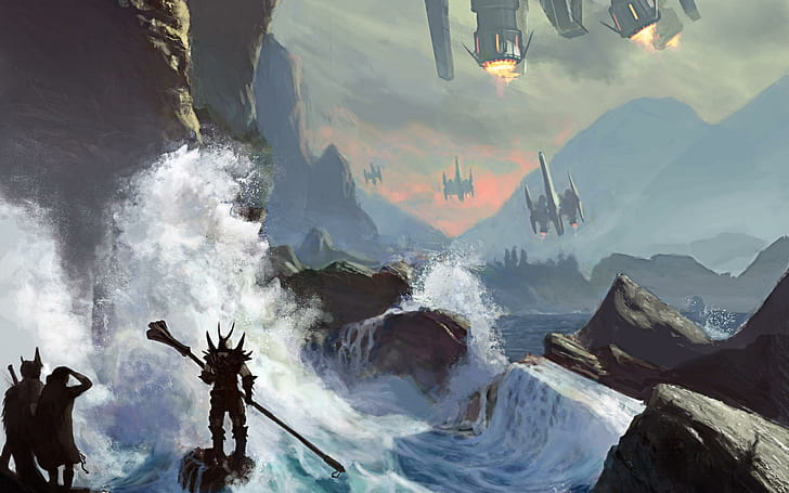 Preparing for battle, ships flying near cave, fantasy, 2560x1600, spaceship, warrior, HD wallpaper