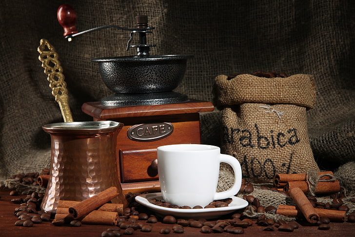 white ceramic mug, coffee, Cup, cinnamon, natural, Turk, coffee grinder, grain, HD wallpaper