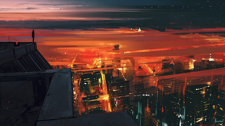 градски сгради, високоъгълна фотография на града през нощта, Aenami, дигитално изкуство, градски светлини, градски пейзаж, HD тапет