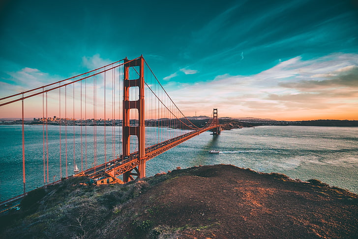 Golden Gate Bridge, San Francisco, sky, clouds, bridge, San Francisco, river, sea, rock, Golden Gate Bridge, HD wallpaper