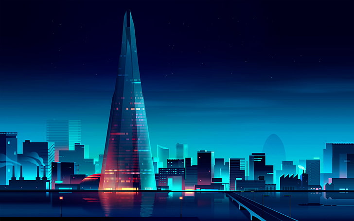 ilustracja miasta, budynek The Shard, sztuka cyfrowa, grafika, architektura, budynek, wieżowiec, woda, most, noc, światła, gwiazdy, pejzaż miejski, odbicie, fabryki, Tapety HD