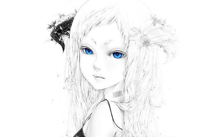 flicka med blå ögon skiss, blå ögon, blommor, vatten, horn, enkel bakgrund, HD tapet