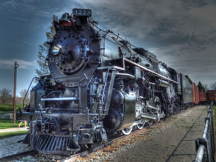 black train digital wallpaper, train, steam locomotive, HDR, tonemapping, vehicle, HD wallpaper