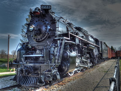wallpaper digital kereta hitam, kereta api, lokomotif uap, HDR, tonemapping, kendaraan, Wallpaper HD HD wallpaper