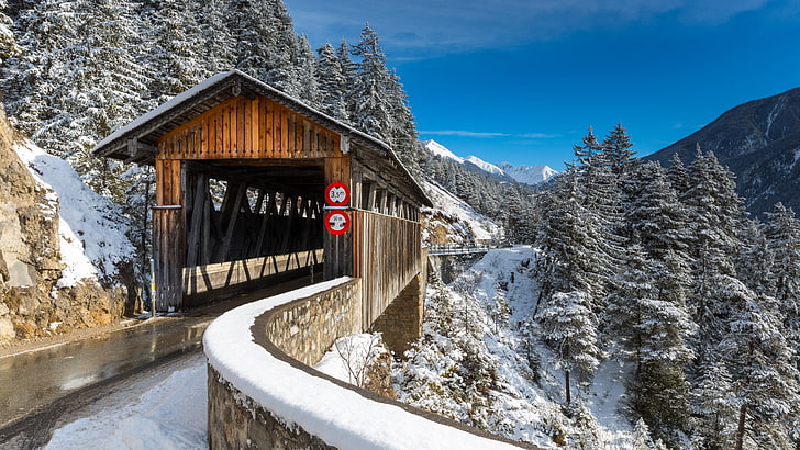 мост, Швейцария, снег, Альпы, швейцарские Альпы, HD обои