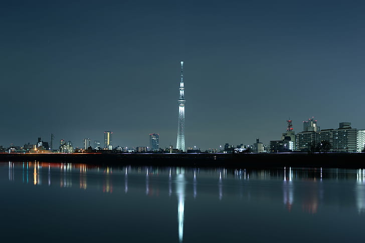 high-rise building during nightime, DSC, high-rise building, AF, f/1, 4G, NIKKOR, Df, New Year's, Special, Nikon, Tokyo Sky Tree, architecture, illuminated, illumination, japan, landmark, tokyo  tower, ニコン, ル, 日本, 東京, JP, tower, urban Skyline, cityscape, urban Scene, night, skyscraper, river, built Structure, reflection, sky, city, modern, famous Place, blue, business, HD wallpaper