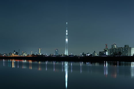 high-rise building during nightime, DSC, high-rise building, AF, f/1, 4G, NIKKOR, Df, New Year's, Special, Nikon, Tokyo Sky Tree, architecture, illuminated, illumination, japan, landmark, tokyo  tower, ニコン, ル, 日本, 東京, JP, tower, urban Skyline, cityscape, urban Scene, night, skyscraper, river, built Structure, reflection, sky, city, modern, famous Place, blue, business, HD wallpaper HD wallpaper