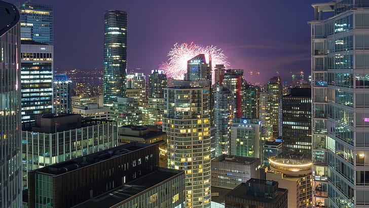 vancouver, british columbia, bc, canada, metropolitan, cityscape, pyrotechnics, skyscrapers, night, downtown, celebration, evening, buildings, fireworks, HD wallpaper