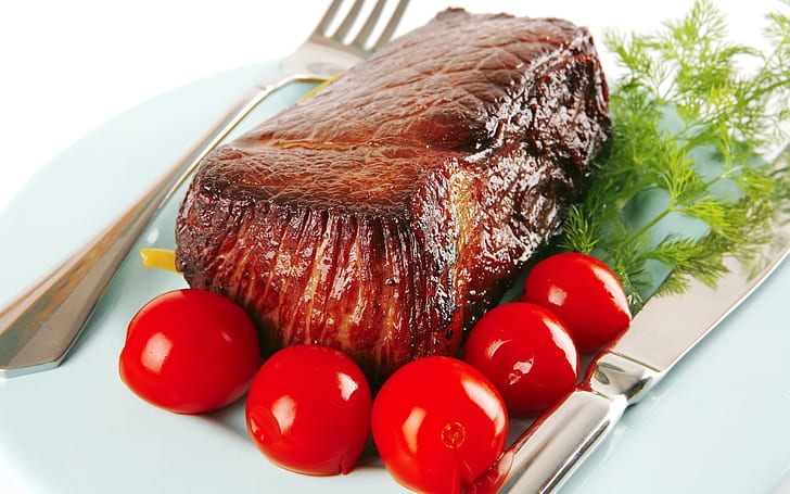 stake, meat, tomatoes, cherry, fork, fennel, HD wallpaper