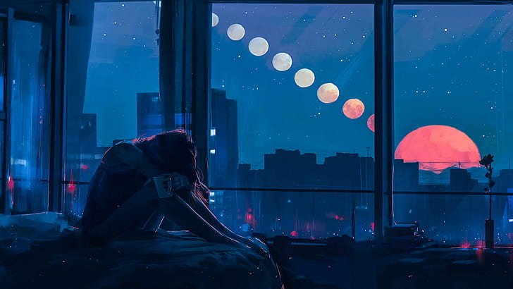 Girl, Night, Figure, The moon, Windows, Alena Aenam The, by Alena Aenami, Aenami Art, HD wallpaper